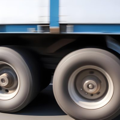 Truck Wheels In Motion Showing The Blur Of Movement With A Blue And White Truck Body Above On A Road 19 B560