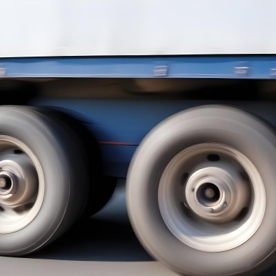 Truck Wheels In Motion Showing The Blur Of Movement With A Blue And White Truck Body Above On A Road 3 6dfc