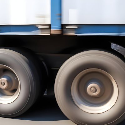 Truck Wheels In Motion Showing The Blur Of Movement With A Blue And White Truck Body Above On A Road 5 De6c
