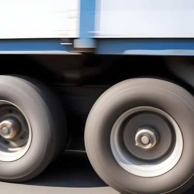 Truck Wheels In Motion Showing The Blur Of Movement With A Blue And White Truck Body Above On A Road 6 7868