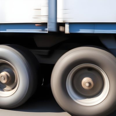 Truck Wheels In Motion Showing The Blur Of Movement With A Blue And White Truck Body Above On A Road 7 96da