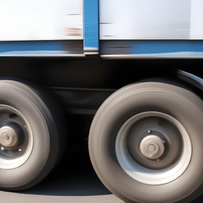 Truck Wheels In Motion Showing The Blur Of Movement With A Blue And White Truck Body Above On A Road 9 8890