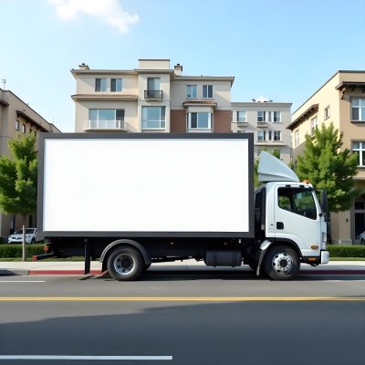 White Truck With A Blank Billboard On The Side Parked On The Street Buildings And Trees In The Background Sunny Day 15 79ee