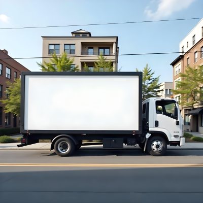 White Truck With A Blank Billboard On The Side Parked On The Street Buildings And Trees In The Background Sunny Day 22 872e