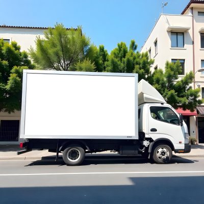 White Truck With A Blank Billboard On The Side Parked On The Street Buildings And Trees In The Background Sunny Day 28 C98f