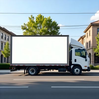 White Truck With A Blank Billboard On The Side Parked On The Street Buildings And Trees In The Background Sunny Day 3 2386