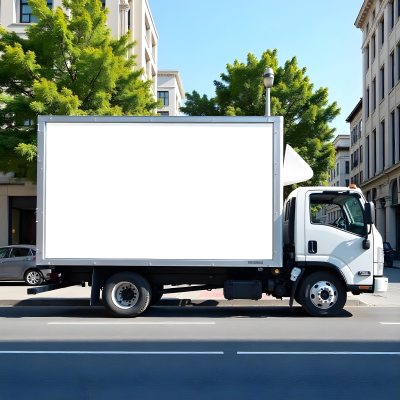 White Truck With A Blank Billboard On The Side Parked On The Street Buildings And Trees In The Background Sunny Day 8 A361