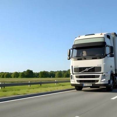 White Volvo Truck On The Highway Green Grass And Trees In The Background Clear Blue Sky Sunny Day Highway 13 E8e5