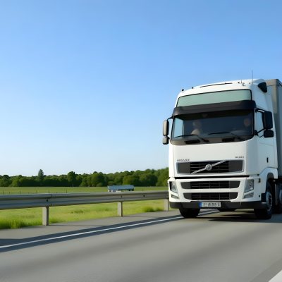 White Volvo Truck On The Highway Green Grass And Trees In The Background Clear Blue Sky Sunny Day Highway 14 B2a1
