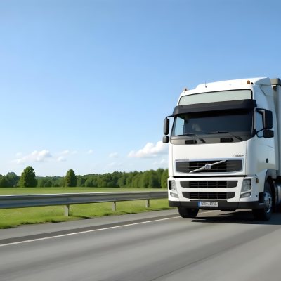 White Volvo Truck On The Highway Green Grass And Trees In The Background Clear Blue Sky Sunny Day Highway 17 8c90