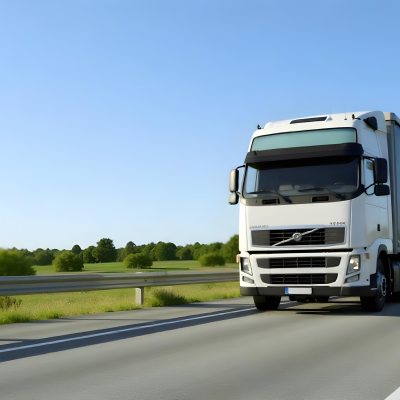 White Volvo Truck On The Highway Green Grass And Trees In The Background Clear Blue Sky Sunny Day Highway 18 A88f