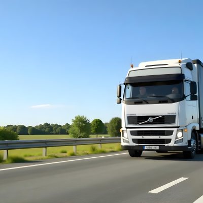 White Volvo Truck On The Highway Green Grass And Trees In The Background Clear Blue Sky Sunny Day Highway 2 3987