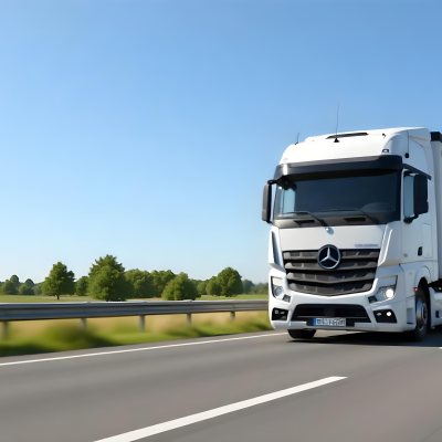 White Volvo Truck On The Highway Green Grass And Trees In The Background Clear Blue Sky Sunny Day Highway 21 304c