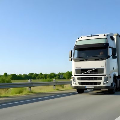 White Volvo Truck On The Highway Green Grass And Trees In The Background Clear Blue Sky Sunny Day Highway 23 Cf7b