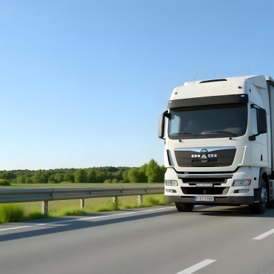 White Volvo Truck On The Highway Green Grass And Trees In The Background Clear Blue Sky Sunny Day Highway 26 B038