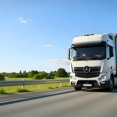 White Volvo Truck On The Highway Green Grass And Trees In The Background Clear Blue Sky Sunny Day Highway 31 8358