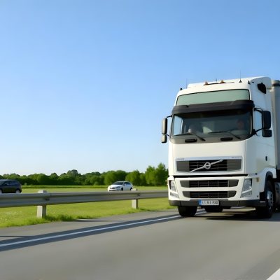 White Volvo Truck On The Highway Green Grass And Trees In The Background Clear Blue Sky Sunny Day Highway 32 9cf3