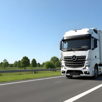 White Volvo Truck On The Highway Green Grass And Trees In The Background Clear Blue Sky Sunny Day Highway 4 A150