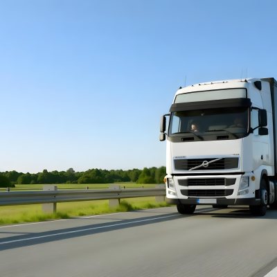 White Volvo Truck On The Highway Green Grass And Trees In The Background Clear Blue Sky Sunny Day Highway 7 9ca0
