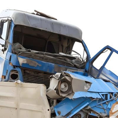 Wrecked White Truck With A Smashed Cabin And A Load Of Metal Sheets Isolated On A White Background Showing The Aftermath Of A Severe Accident 1 E0d5