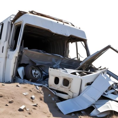 Wrecked White Truck With A Smashed Cabin And A Load Of Metal Sheets Isolated On A White Background Showing The Aftermath Of A Severe Accident 18 Def2