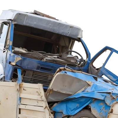 Wrecked White Truck With A Smashed Cabin And A Load Of Metal Sheets Isolated On A White Background Showing The Aftermath Of A Severe Accident 2 9f80