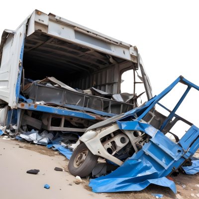 Wrecked White Truck With A Smashed Cabin And A Load Of Metal Sheets Isolated On A White Background Showing The Aftermath Of A Severe Accident 7 5760