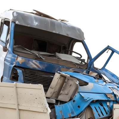 Wrecked White Truck With A Smashed Cabin And A Load Of Metal Sheets Isolated On A White Background Showing The Aftermath Of A Severe Accident 9 0092