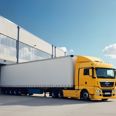 Yellow Semi Truck With A Blue Trailer Parked In Front Of A Large Warehouse The Sky Is Blue With Some Clouds 1 8b6c