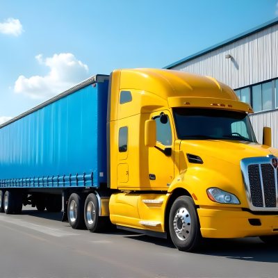 Yellow Semi Truck With A Blue Trailer Parked In Front Of A Large Warehouse The Sky Is Blue With Some Clouds 13 3d14