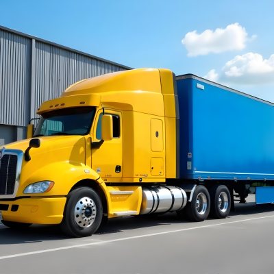 Yellow Semi Truck With A Blue Trailer Parked In Front Of A Large Warehouse The Sky Is Blue With Some Clouds 16 Afe2