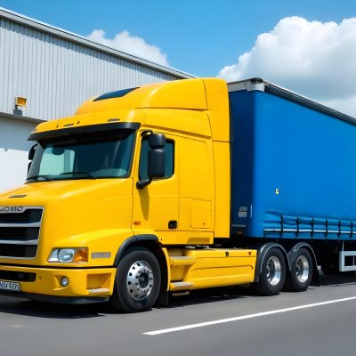 Yellow Semi Truck With A Blue Trailer Parked In Front Of A Large Warehouse The Sky Is Blue With Some Clouds 17 Aa29