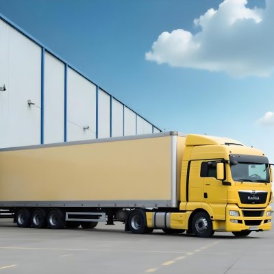 Yellow Semi Truck With A Blue Trailer Parked In Front Of A Large Warehouse The Sky Is Blue With Some Clouds 20 2f2b