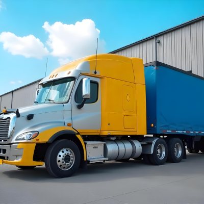 Yellow Semi Truck With A Blue Trailer Parked In Front Of A Large Warehouse The Sky Is Blue With Some Clouds 21 6a2d