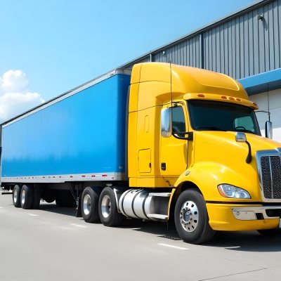 Yellow Semi Truck With A Blue Trailer Parked In Front Of A Large Warehouse The Sky Is Blue With Some Clouds 23 8234
