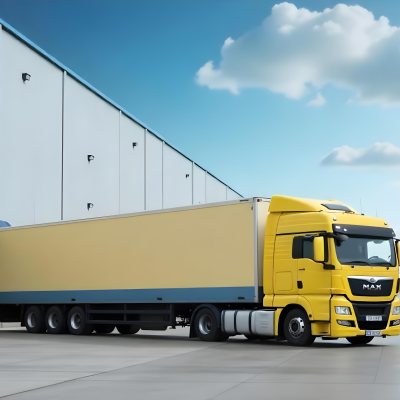 Yellow Semi Truck With A Blue Trailer Parked In Front Of A Large Warehouse The Sky Is Blue With Some Clouds 24 Ad72