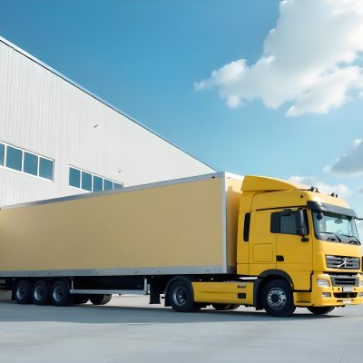 Yellow Semi Truck With A Blue Trailer Parked In Front Of A Large Warehouse The Sky Is Blue With Some Clouds 4 976f