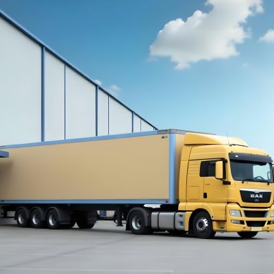 Yellow Semi Truck With A Blue Trailer Parked In Front Of A Large Warehouse The Sky Is Blue With Some Clouds 5 7a88