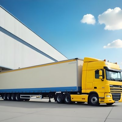 Yellow Semi Truck With A Blue Trailer Parked In Front Of A Large Warehouse The Sky Is Blue With Some Clouds 6 710d