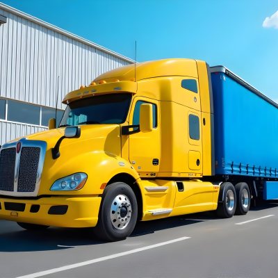 Yellow Semi Truck With A Blue Trailer Parked In Front Of A Large Warehouse The Sky Is Blue With Some Clouds 8 268c
