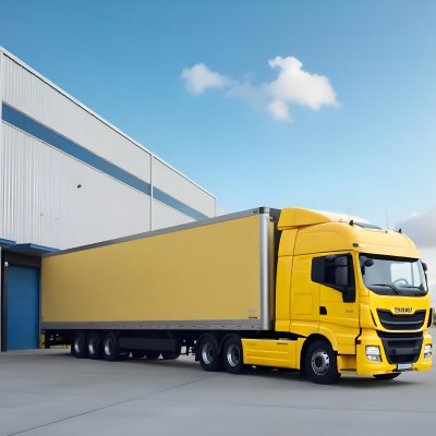 Yellow Semi Truck With A Blue Trailer Parked In Front Of A Large Warehouse The Sky Is Blue With Some Clouds 9 6cba