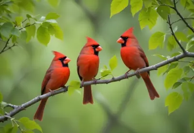 Two Red Cardinals Perched On A Tree Branch With Green Leaves 31 9bb4
