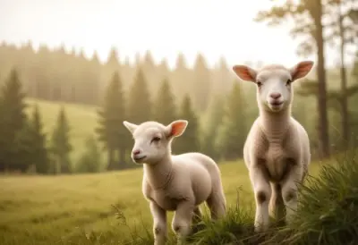 Young Lambs Standing In A Grassy Field With A Forest In The Background 2
