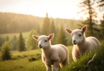 Young Lambs Standing In A Grassy Field With A Forest In The Background 4