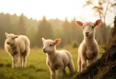Young Lambs Standing In A Grassy Field With A Forest In The Background 5 9f3a