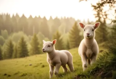 Young Lambs Standing In A Grassy Field With A Forest In The Background 6