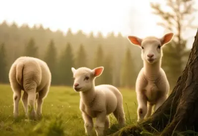 Young Lambs Standing In A Grassy Field With A Forest In The Background 7 4ee0
