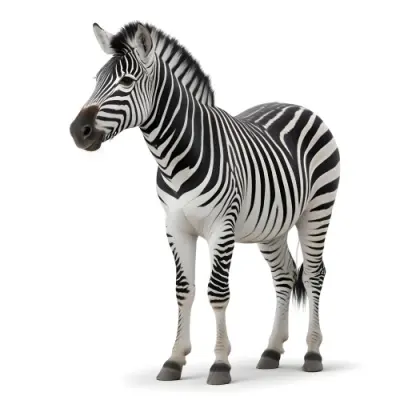 Zebra With Black And White Stripes Short Mane Standing On A White Background Looking To The Left With A Slightly Open Mouth 10 2174