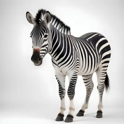 Zebra With Black And White Stripes Short Mane Standing On A White Background Looking To The Left With A Slightly Open Mouth 19 46bc