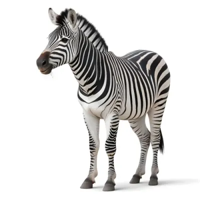 Zebra With Black And White Stripes Short Mane Standing On A White Background Looking To The Left With A Slightly Open Mouth 20 A451